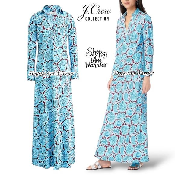 J.Crew NWT turquoise & maroon botanical long sleeve maxi shirtdress *iamwarrior - Picture 1 of 10